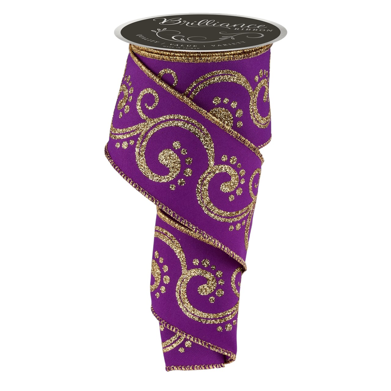 Brilliance 2.5" Purple and Gold Filigree Glitter Swirl Wired Ribbon, 10 Yards for Christmas Bows, Wreaths, Gift Wrap, Crafts and Decorations
